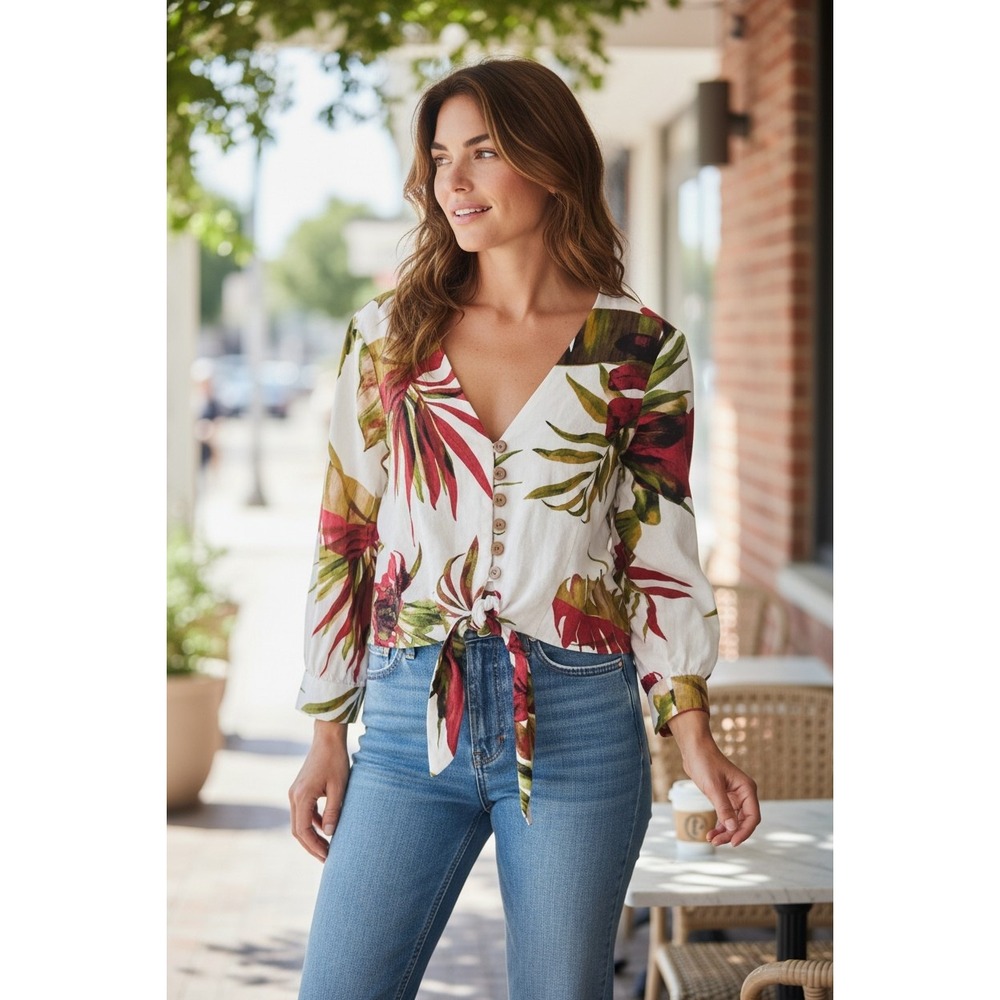 Maison d'Amélie Paris Linen Blend Tropical Floral Tie XS Boho Cottagecore Resort - Picture 2 of 7